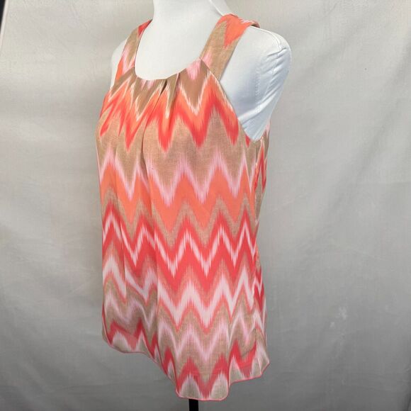 BCX Halter Top Sz S Round Neckline Zig Zag Print Coral Beige Pink Lined Button - Picture 3 of 7